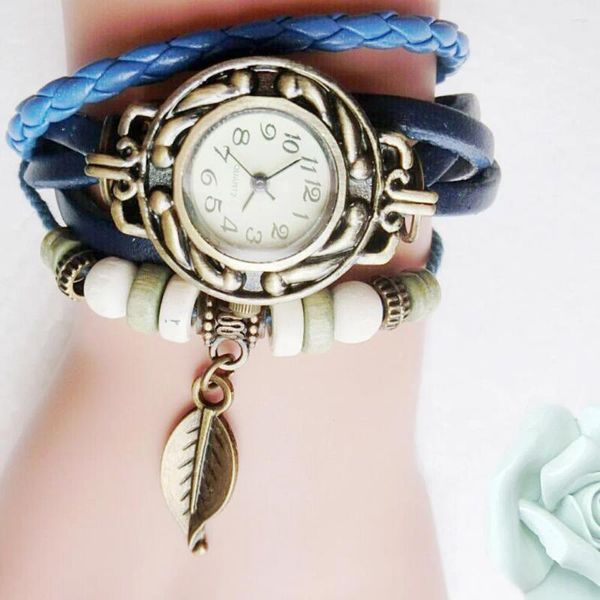 Relojes de pulsera Rápido 2024 Mujeres Niños Retro Leatherwinding Pulsera Hoja Colgante Reloj Cuarzo Relojes de pulsera Regalo de San Valentín Lujo