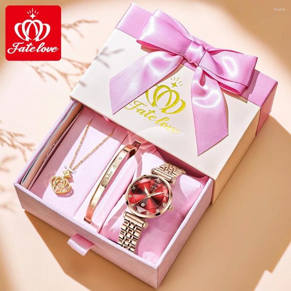 Muñecos de pulsera Fate Love Elegant Women's Watches Movimiento Japón Mirador de corte prismático Sets de pulsera de acero inoxidable impermeable regalo para mujeres