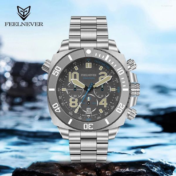 Montre-bracelets FeelNever 50bar Diving Men Quartz Watch Luxury 316L en acier inoxydable Sapphire imperméable Tournette de bracelet 3C