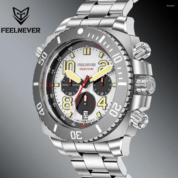 Montre-bracelets FeelNever Chronograph Quartz Watch for Men Big Dial 500m Sport Professional Sapphire en acier inoxydable VK63 Clock Reloj Hombre