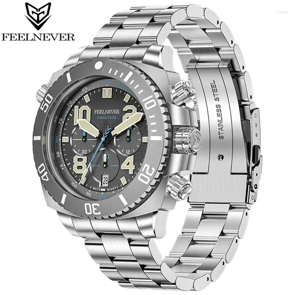 Montre-bracelets FeelNever Sport Quartz Man Watch 316L en acier inoxydable Sapphire Big Dals Montres pour hommes Dive 500m Clocks imperméables Reloj