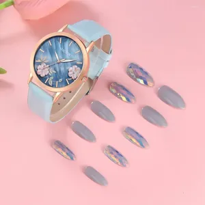 Muñecos de pulsera Reloj de flores femeninas Cuarzo de cuero Fashion Elegant Falsa Nail Tabletas Set Vestido Montre Femme