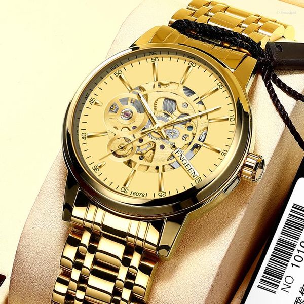 Relojes de pulsera marca FNGEEN 2023, relojes mecánicos automáticos de lujo para hombre, reloj de pulsera de hombre de negocios resistente al agua con agujeros de acero inoxidable dorado