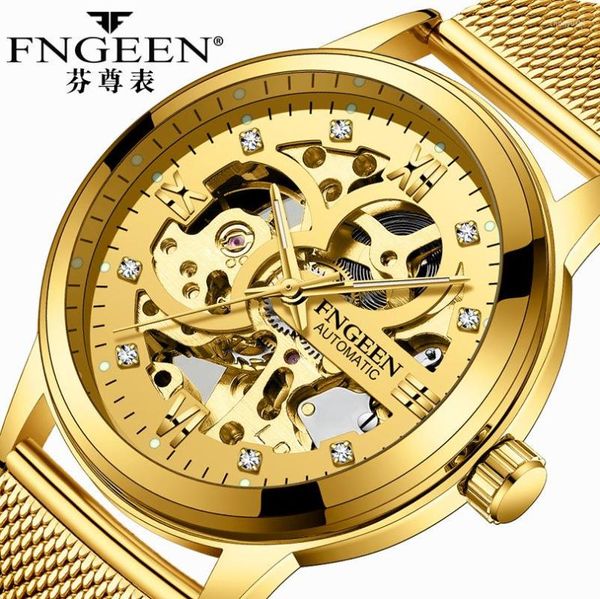 Relojes de pulsera FNGEEN, Reloj automático dorado para hombre, correa de acero inoxidable, relojes mecánicos con esqueleto, hora luminosa superior para Reloj