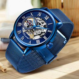 Polshorloges voor 3D -logo ontwerp holle gravure All Blue Case Mesh Steel Skeleton Mechanische horloges Men Heren Horloge