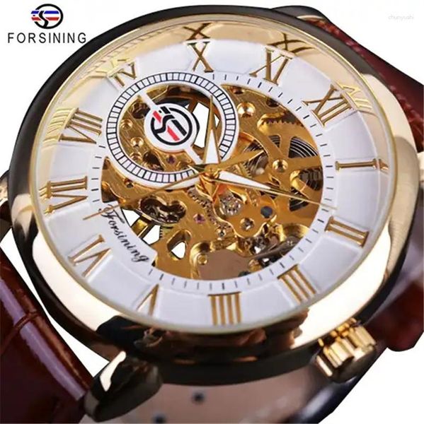 Montres-bracelets Forsining 99S Luxe Automatique Classique Transparent Bracelet En Cuir Mécanique Golden Bridge Squelette Vente Hommes Montre Horloge