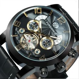 Relojes de pulsera Forsining Black Vintage Flying Tourbillon Reloj automático para hombre Multifunción Sub-Diales Esqueleto Relojes mecánicos Cuero