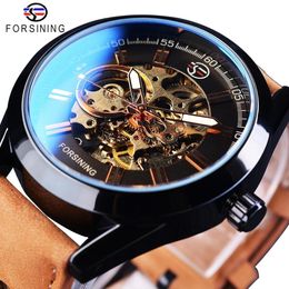 Relojes de pulsera Forsining Blue Light Glass para hombre Casual Sport Watch Leather Military Automatic Men Mechanical Wrist Skeleton Luminous Clock 230517