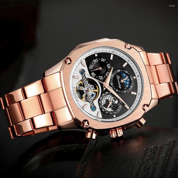 Relojes de pulsera FORSINING Marca Relojes mecánicos para hombre Super Grand Automático Fase lunar Tourbillon Fecha de la Tierra Reloj con correa de acero en oro rosa