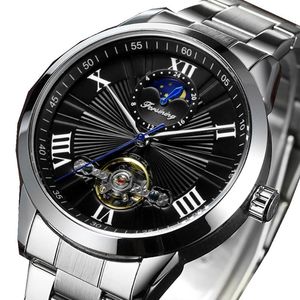 Relojes de pulsera Forsining Classic Men Tourbillon Reloj mecánico Marca de moda Black Moonphase Business Banda de acero Reloj automático Reloj Hombr