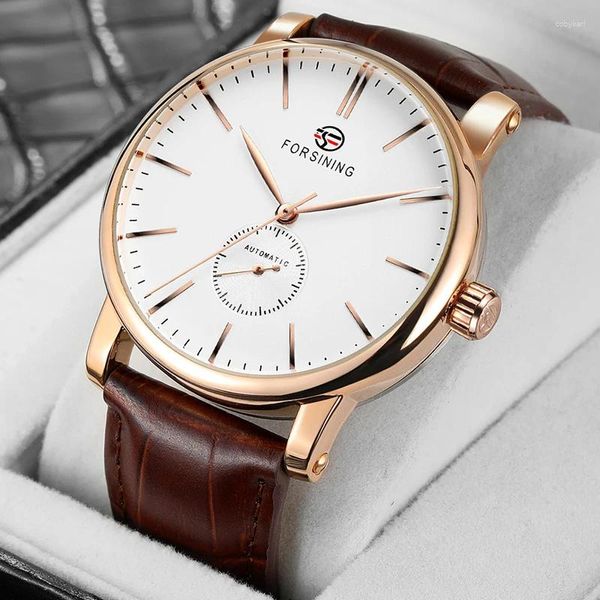 Montres-bracelets Forsining Classique Rétro Automatique Mens Montre Rose Gold Case Célèbre Ceinture En Cuir Marron Montres Mécaniques D'affaires