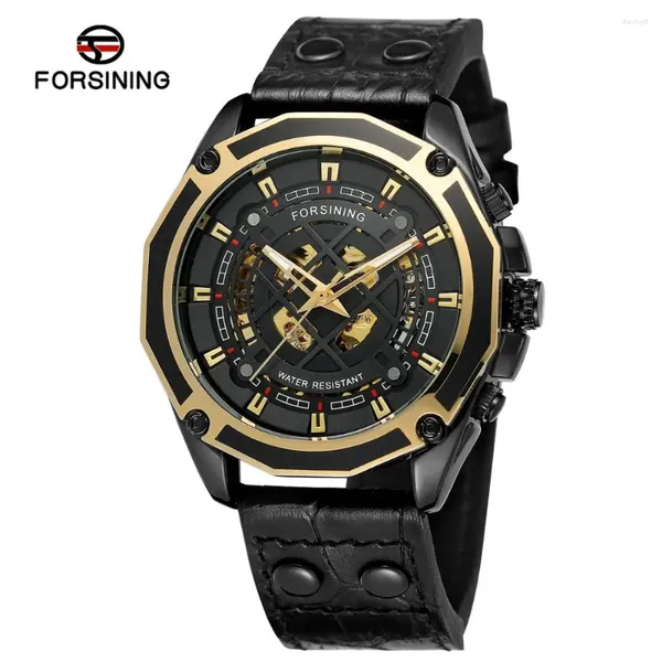 Relojes de pulsera FORSINING Moda Casual Relojes mecánicos para hombres Spider Web Hollow Dial Correa de cuero negro Regalos automáticos del festival