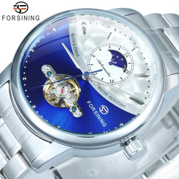 Montres-bracelets Forsining Mode Mens Mécanique Phase de Lune Argent Bleu Tourbillon Squelette Montre Automatique Bracelet En Acier Inoxydable