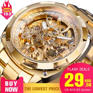 Montres-bracelets Forsining Mode Transparent Rétro Hommes Automatique Montre Mécanique Top Marque De Luxe Plein Doré Lumineux Mains Squelette Horloge 230804