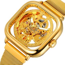 Relojes de pulsera Forsining Golden Men Reloj automático Cuadrado Esqueleto Malla Banda de acero Mecánico Reloj de negocios Relogio masculino Erkek Kol Saat