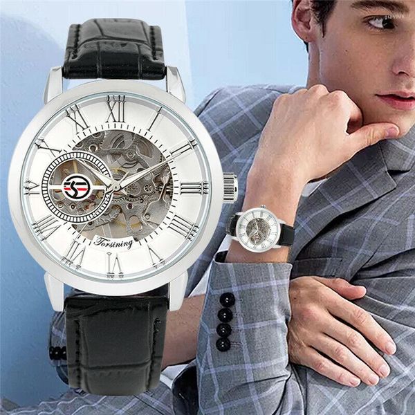 Montres-bracelets FORSINING Montre mécanique à remontage manuel pour homme Boîtier en argent Cadran blanc Bracelet en cuir noir Montre-bracelet analogique