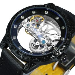 Polshorloges Verzoeken retro skelet automatisch mechanisch horloge voor mannen mode diamant lichtgevende gouden brug gegraveerde luxe horloges riem
