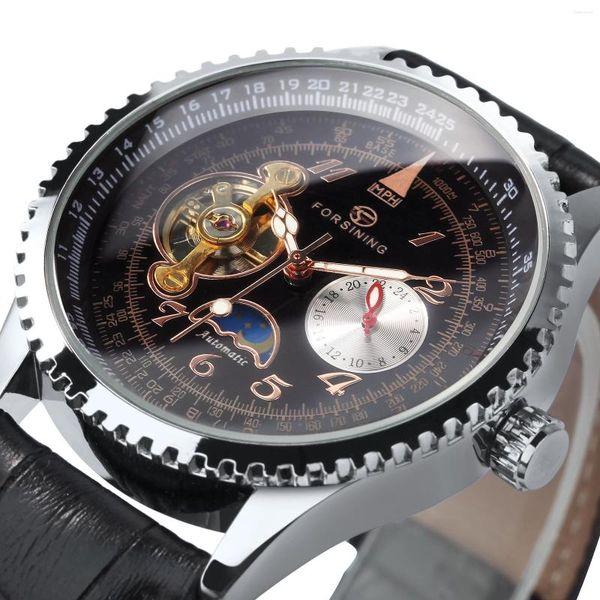 Relojes de pulsera Forsining Retro Tourbillon Esqueleto Automático Reloj para hombre Fase lunar Manecillas luminosas Relojes mecánicos clásicos Correa de cuero