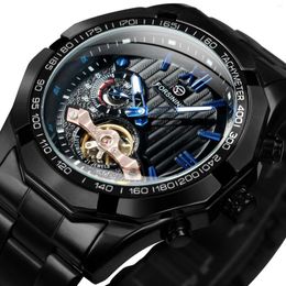 Relojes de pulsera Forsining Sports Relojes para hombre Top Tourbillon Esqueleto Automático Mecánico Luminoso Manos Acero inoxidable