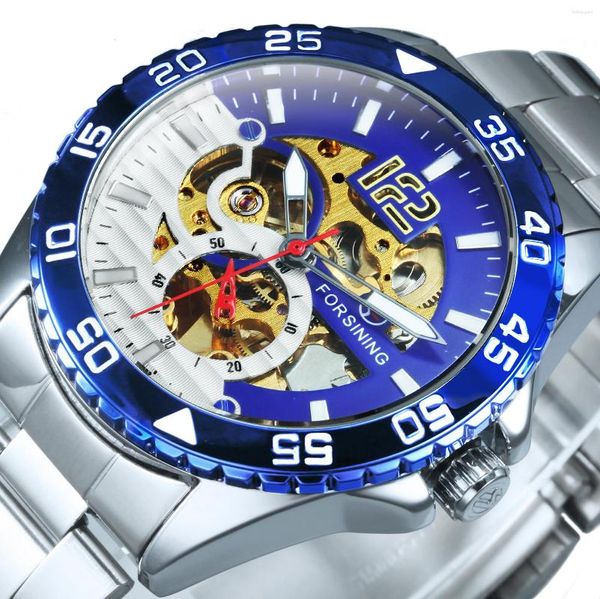 Relojes de pulsera Forsining Sports Skeleton Reloj mecánico automático para hombres Bisel giratorio azul Mano luminosa para hombre Waches Acero inoxidable