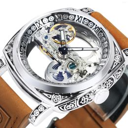Horloges Forsining Square Luxe Skeleton Mechanische Horloges Retro Gegraveerde Kast Golden Bridge Automatisch Herenhorloge Echt Leer