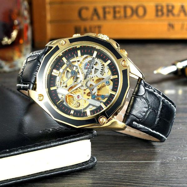 Relojes de pulsera FORSINING Steampunk relojes mecánicos esqueleto militar reloj automático para hombres correa de cuero reloj negro dorado