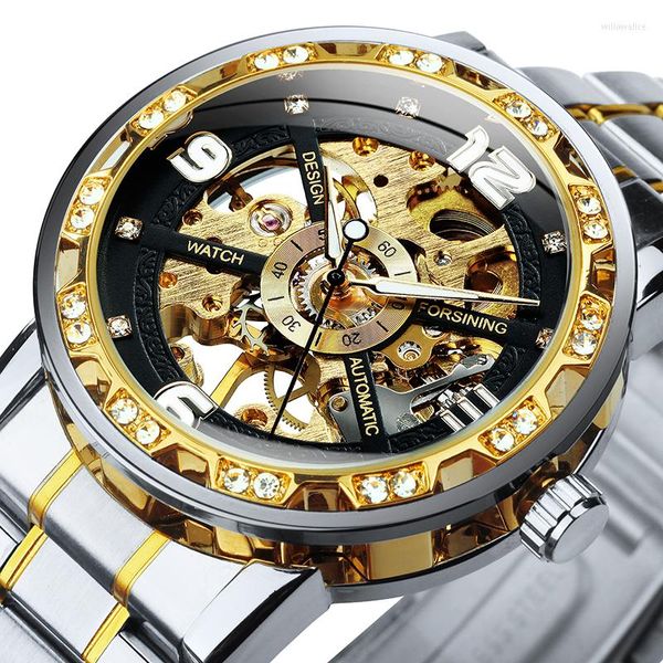 Relojes de pulsera FORSINING Top Watch para hombre transparente esqueleto oro negro Royal Diamond Dial acero inoxidable Reloj