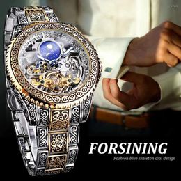 Polshorloges Forsining Watch voor mannen Tourbillon Automatisch mechanisch skelet gegraveerde vintage maanfase stalen riem reloj hombre