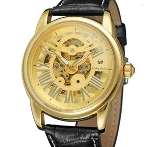 Horloges FORSINING HORLOGE Trendy mode nobele mannen holle gouden wijzerplaat kast zwart lederen band automatisch mechanisch