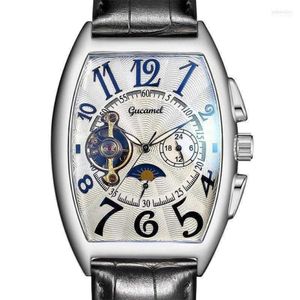 Relojes de pulsera Frank Mismo diseño Edición limitada Tourbillon de cuero Reloj mecánico Muller Mens Tonneau Top Regalo masculino Will22219d