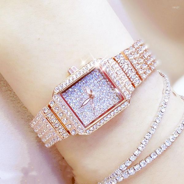 Relojes de pulsera de cuarzo con diamantes completos para mujer, relojes de plata Montre Femme 2023, reloj de pulsera cuadrado de cristal para mujer, diamantes de imitación para mujer