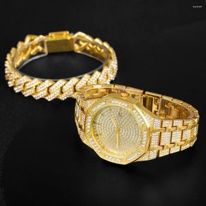 Horloges Volledige Iced Out Horloge Voor Heren Cubaanse Ketting Armband Ketting Bling Mannen Gouden Kettingen Hip Hop