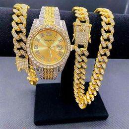 Orologi da polso Orologi completamente ghiacciati Uomo Collana con bracciale a catena a maglia cubana Coppia gioielli bling per uomo Grandi catene d'oro Hip Hop Wa286I