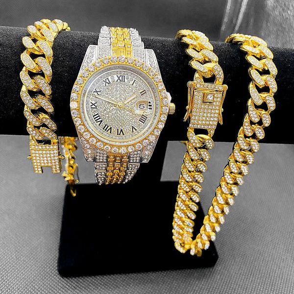 Relojes de pulsera Full Iced Out Relojes para hombre Cadena de eslabones cubanos Pulsera Collar Gargantilla Bling Joyas para hombres Grandes cadenas de oro Hip Hop Men Watch Set 230518