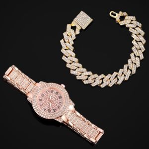 Polshorloges Volledige steentjes Women Watches Rose Gold Watch Ladies Pols Out Cuban Link Chain Bracelet Female Relogio Feminino