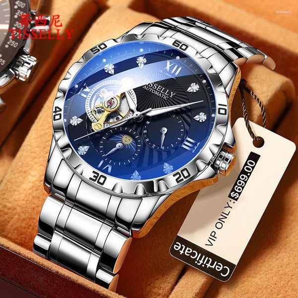 Montres-bracelets Montre mécanique automatique en acier pour hommes Tourbillon en acier inoxydable Phase de lune Montre-bracelet mâle Homme d'affaires Classique Horloge de luxe