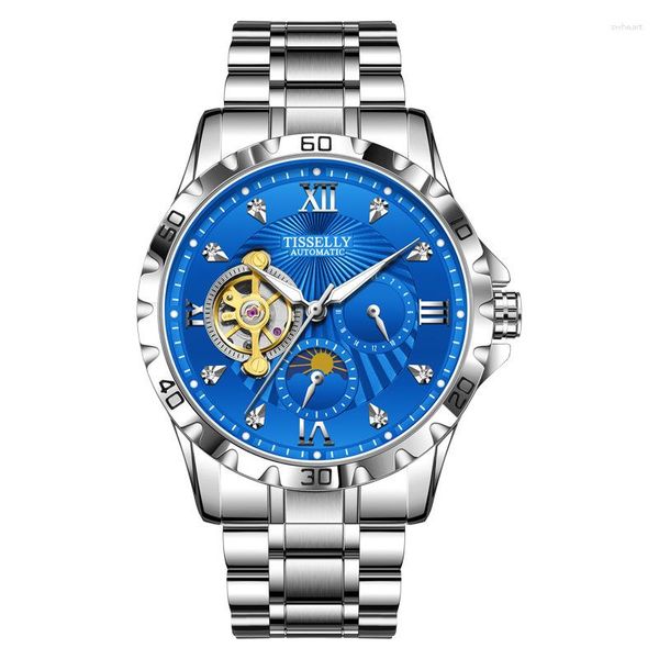 Montres-bracelets Montre mécanique automatique en acier pour hommes Tourbillon inoxydable Phase de lune Montre-bracelet mâle Business Man Blue Luxury Clock