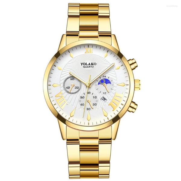 Muñecos de pulsera Men de acero completo Calendario Wriswatch Numerales Romanos Reloj Fashion Golden Relogio Masculino Drop