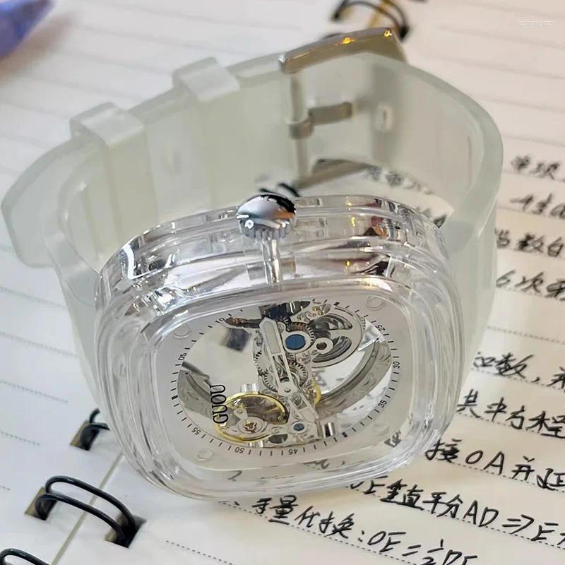 Armbanduhren Vollautomatische ausgehöhlte mechanische transparente Damenuhr mit großem Strass-Zifferblatt und hochwertigem Silikon Reloj Para