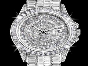 Montre-bracelets entièrement Baguette Diamond Watch pour les hommes Iced Out Quartz Mens Watches Hip Hop Male Horloge imperméable Silver Reloj Hombre D2787735