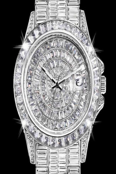 Montre-bracelets entièrement Baguette Diamond Watch pour les hommes Iced Out Quartz Mens Watches Hip Hop Male Horloge imperméable Silver Reloj Hombre D2998885