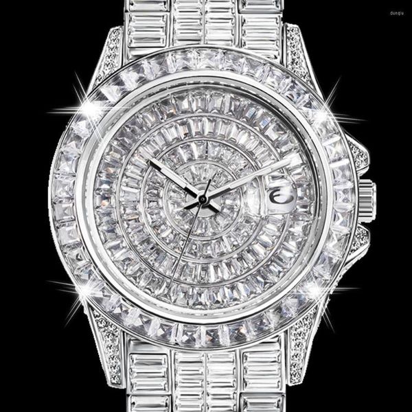 Relojes de pulsera, Reloj de diamantes completamente Baguette para Hombre, relojes de cuarzo helado para Hombre, Reloj de Hip Hop para Hombre, Reloj de plata resistente al agua para Hombre Dro