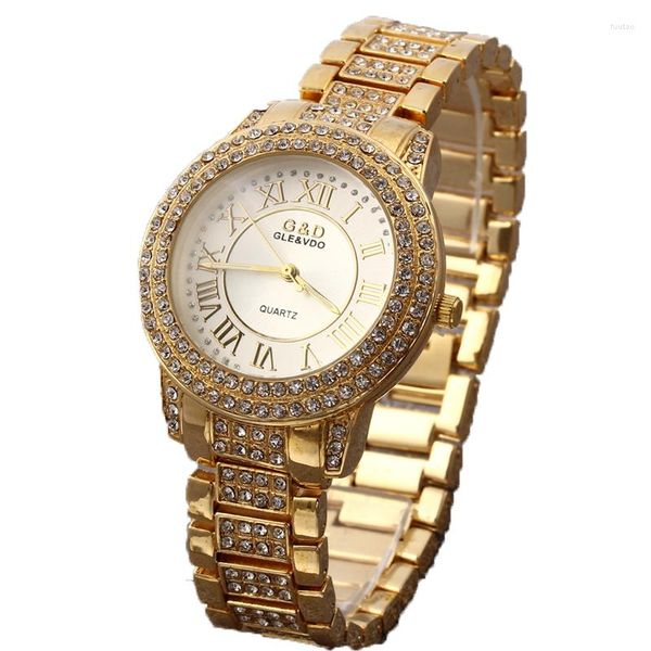 Relojes de pulsera GD para mujer, cadena única, banda de acero inoxidable dorada, reloj de pulsera analógico con diamantes de imitación a la moda para mujer