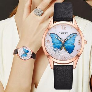 Polshorloges vrolijke merk vrouwen horloges luxe verwijderbare strass butterfly dames lederen jurk pols vrouwelijke klokwristwatches