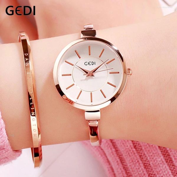 Muñecos de pulsera Gedi relojes de oro simples para mujeres Big Dial Fashion Reloj Femenina de pulsera Mujer Mujeres Resistentes al agua