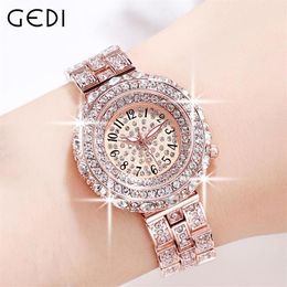 Horloges GEDI Top Luxe Vrouwen Volledige Diamond Horloges Waterdicht Roestvrij Staal Rose Goud Mode Dames Quartz Jurk Horloge Ana1987