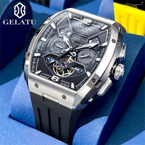 Montre-bracelets GELATU 6013 MECHECHICAL WORK POUR MEN 3D HOLOW OUT IMPRÉPER DOUBLE CAUDAIRE SILICONE SILICON LUMIN