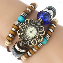 Horloges Genève Platina Echt Leer Vrouwen Horloge Turquoise Blauw Kristal Etnische Vintage Quartz Polshorloge Mode Stijl A870