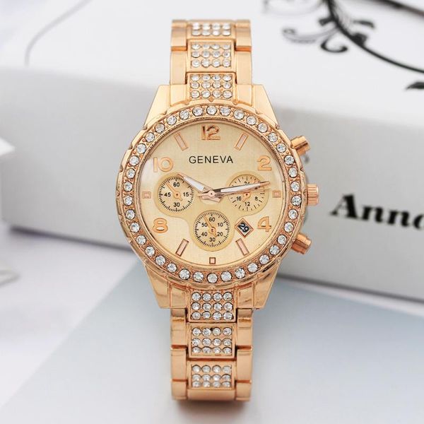 Relojes de pulsera Ginebra Serial Calendario de tres ojos Diamante Banda de acero Reloj Damas Moda Cuarzo