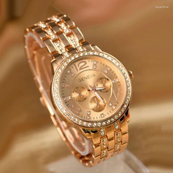 Montre-bracelets Genève regarde les femmes de la mode Rose Gold Women's Crystal Quartz Watch en acier inoxydable Reloje Mujer Womens